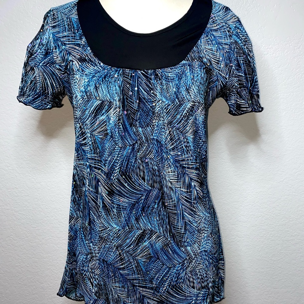 Y2k Blue Sparkly DressBarn Women’s Abstract Short Sleeve Blouse Flowy Top Size M